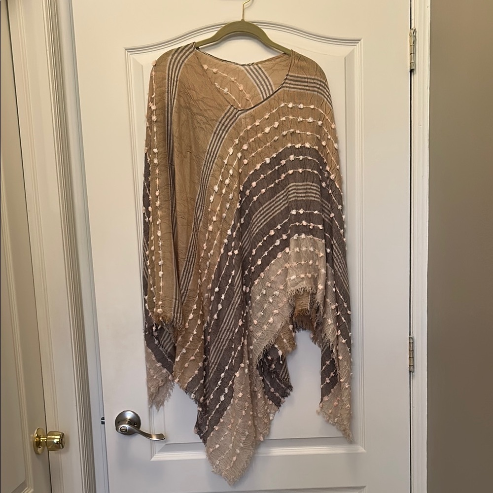 Demdaco Textured Striped Poncho in Beige and Taupe